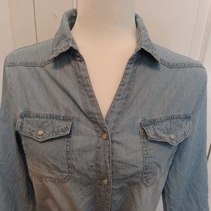 100% cotton shirt; soft, cornflower blue; tie in front